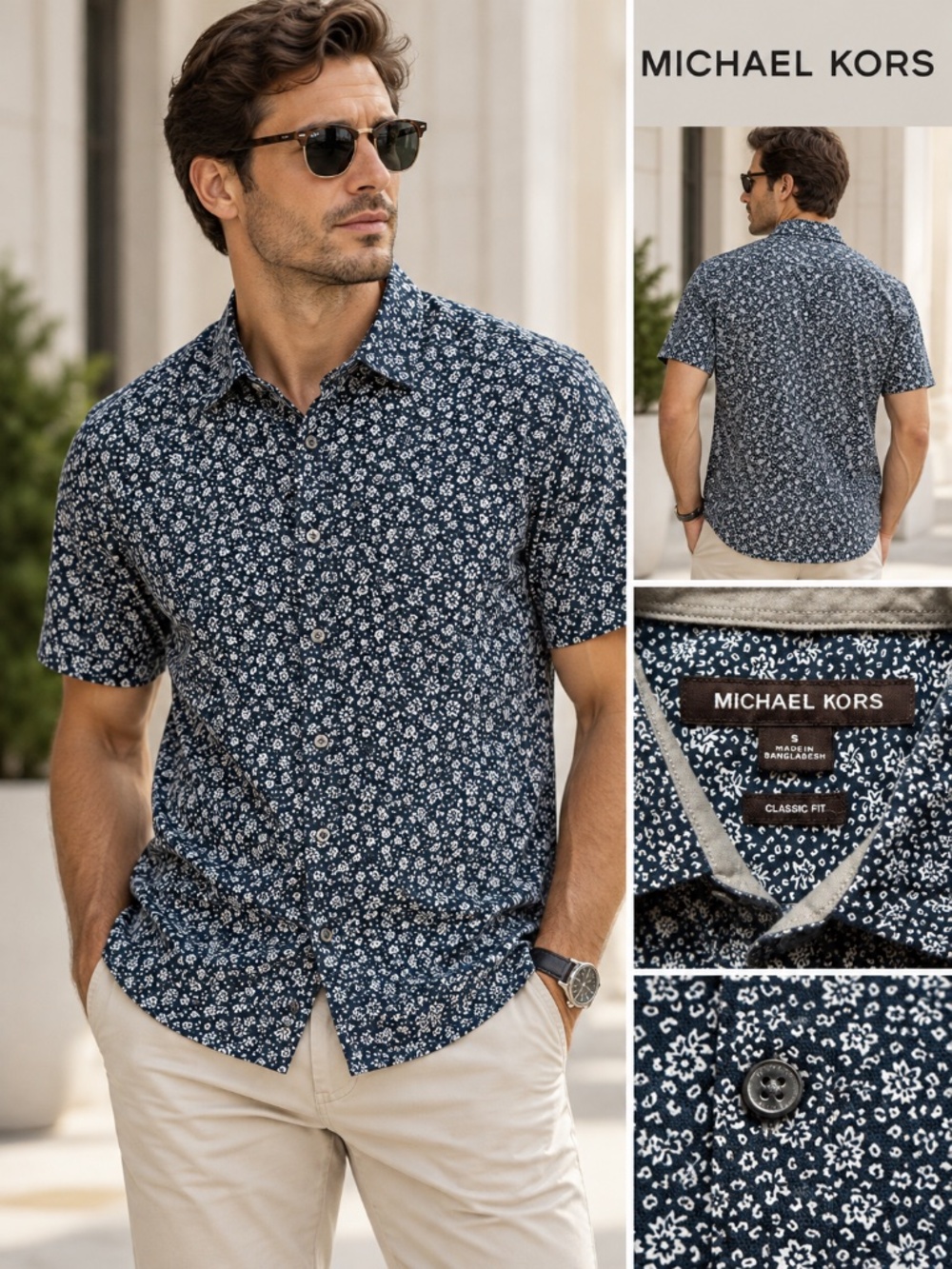 Michael Kors Men’s Small Navy Floral Short Sleeve Button Down Shirt